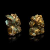 A Pair of Small Chinese Gilt Bronze Bear-Form Supports, Han Dynasty 漢 銅鎏金熊形器足兩件