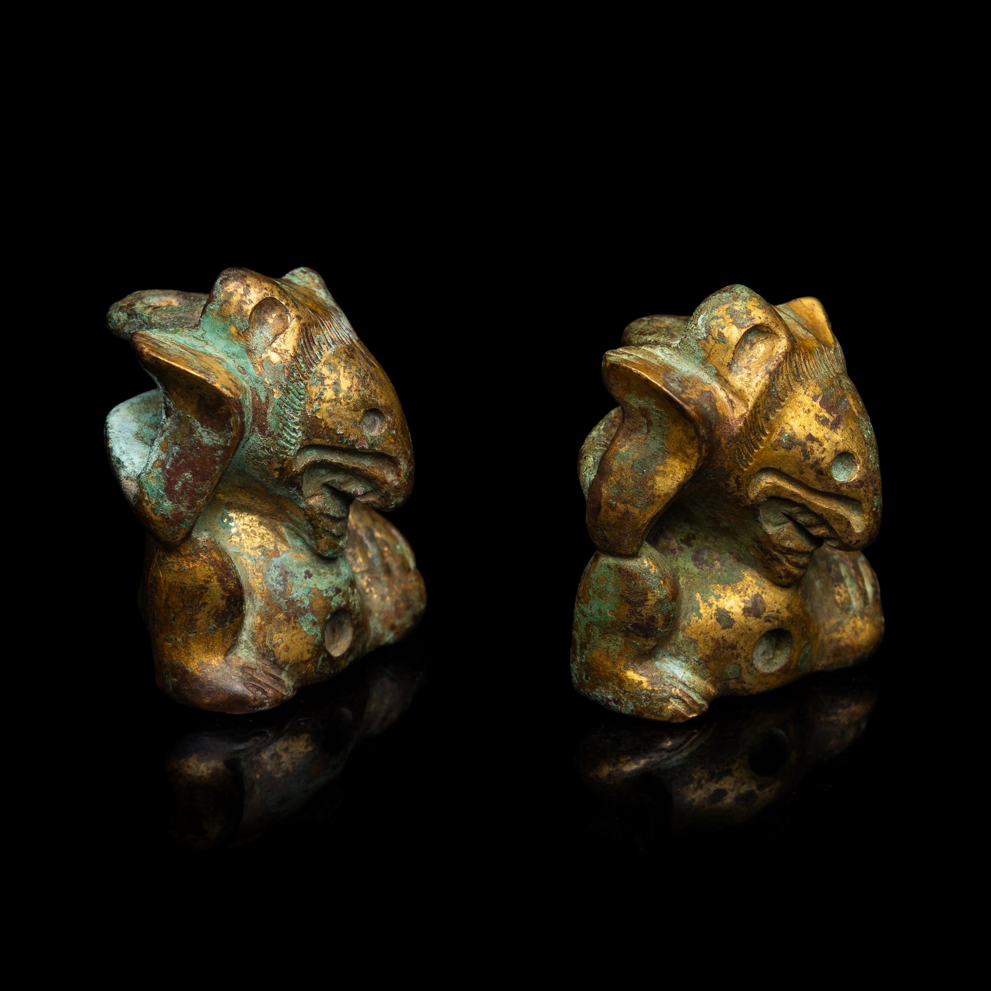 A Pair of Small Chinese Gilt Bronze Bear-Form Supports, Han Dynasty 漢 銅鎏金熊形器足兩件