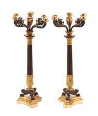 A Pair of Empire Gilt and Patinated Bronze Seven-Light Candelabra