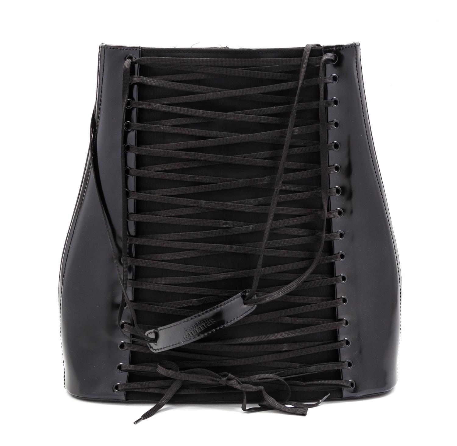 A Jean Paul Gautier Black Leather Corset Bag, 13 x 12 1/2 x 4 inches.