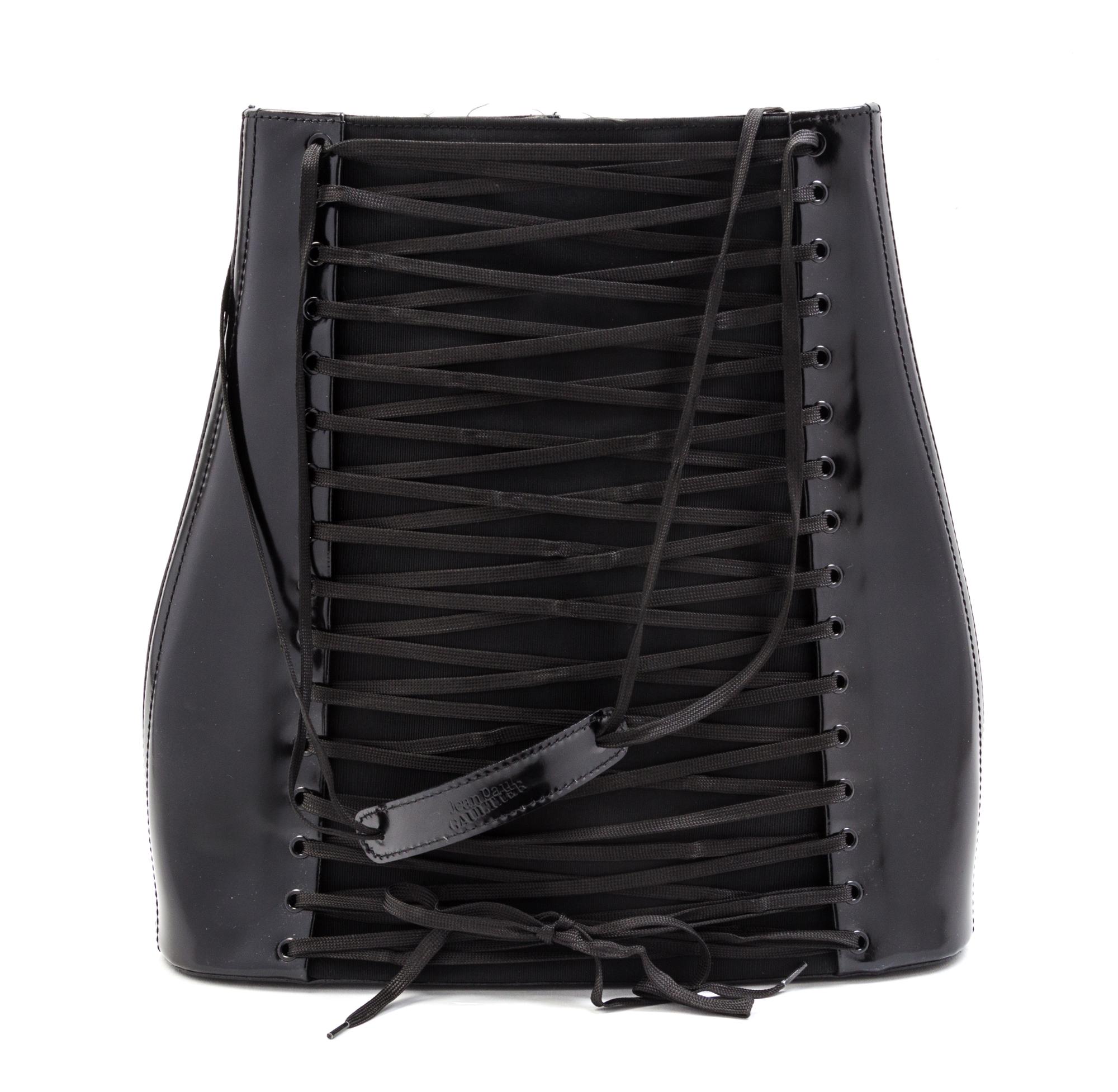 A Jean Paul Gautier Black Leather Corset Bag, 13 x 12 1/2 x 4 inches.