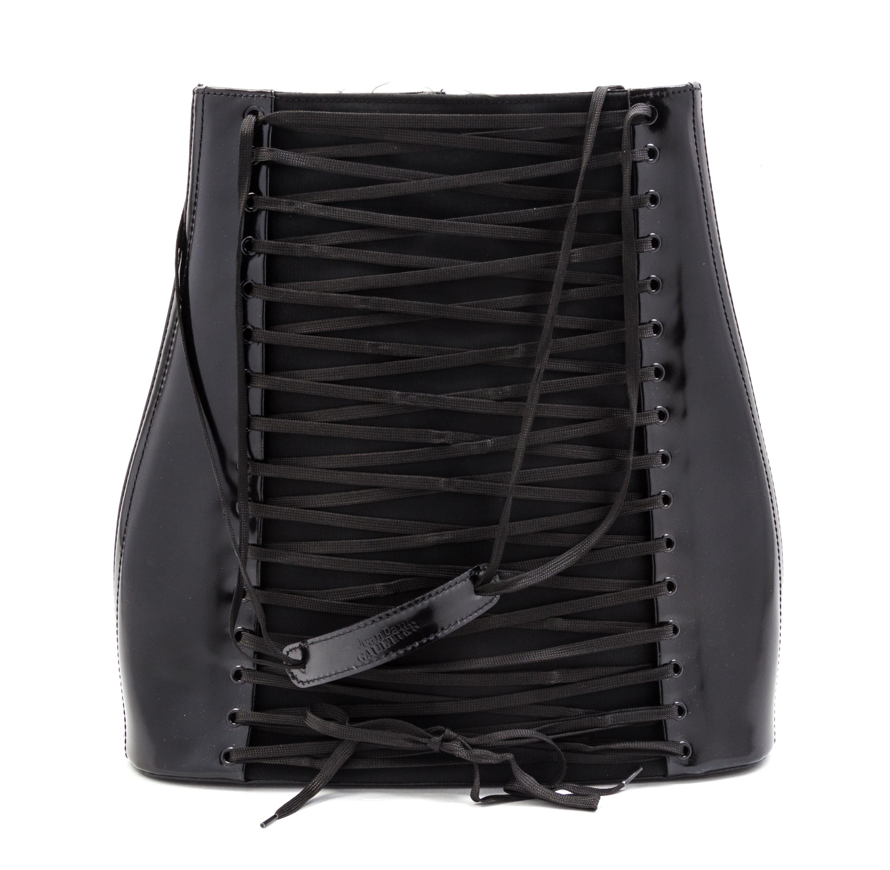 A Jean Paul Gautier Black Leather Corset Bag, 13 x 12 1/2 x 4 inches.
