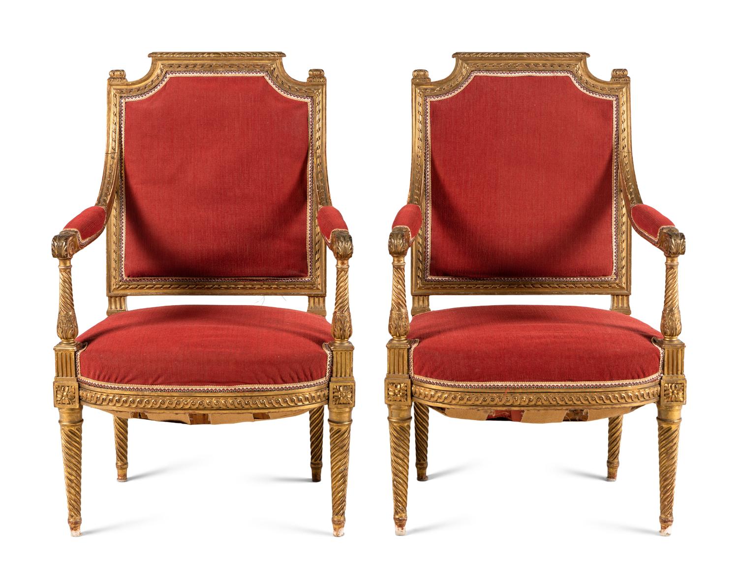 A Pair of Louis XVI Style Giltwood Fauteuils