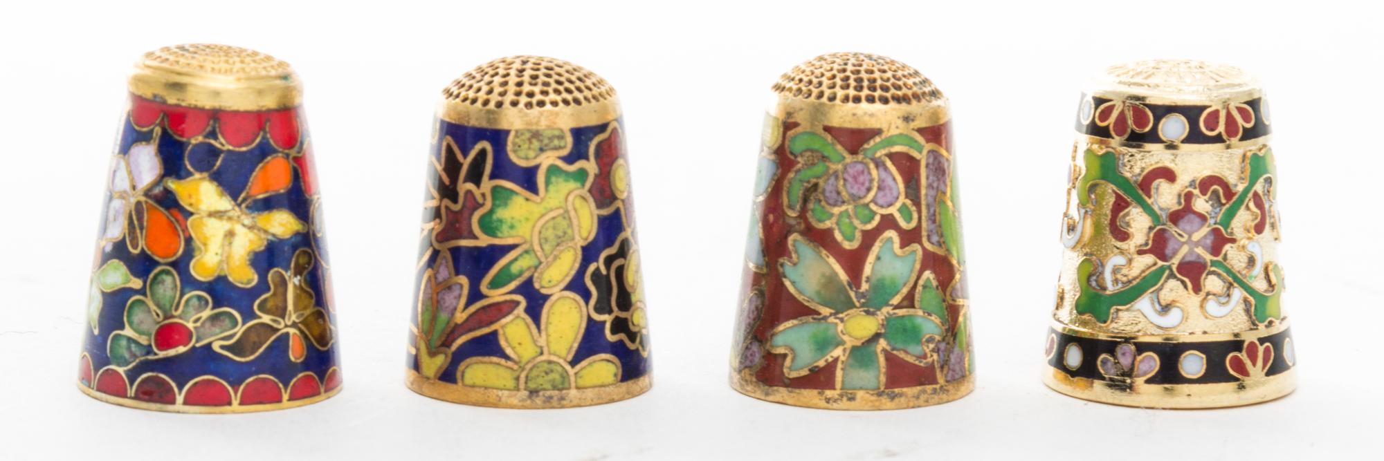 A Group of Four Cloisonne and Gilt-Metal Thimbles Height of tallest 1 inch.