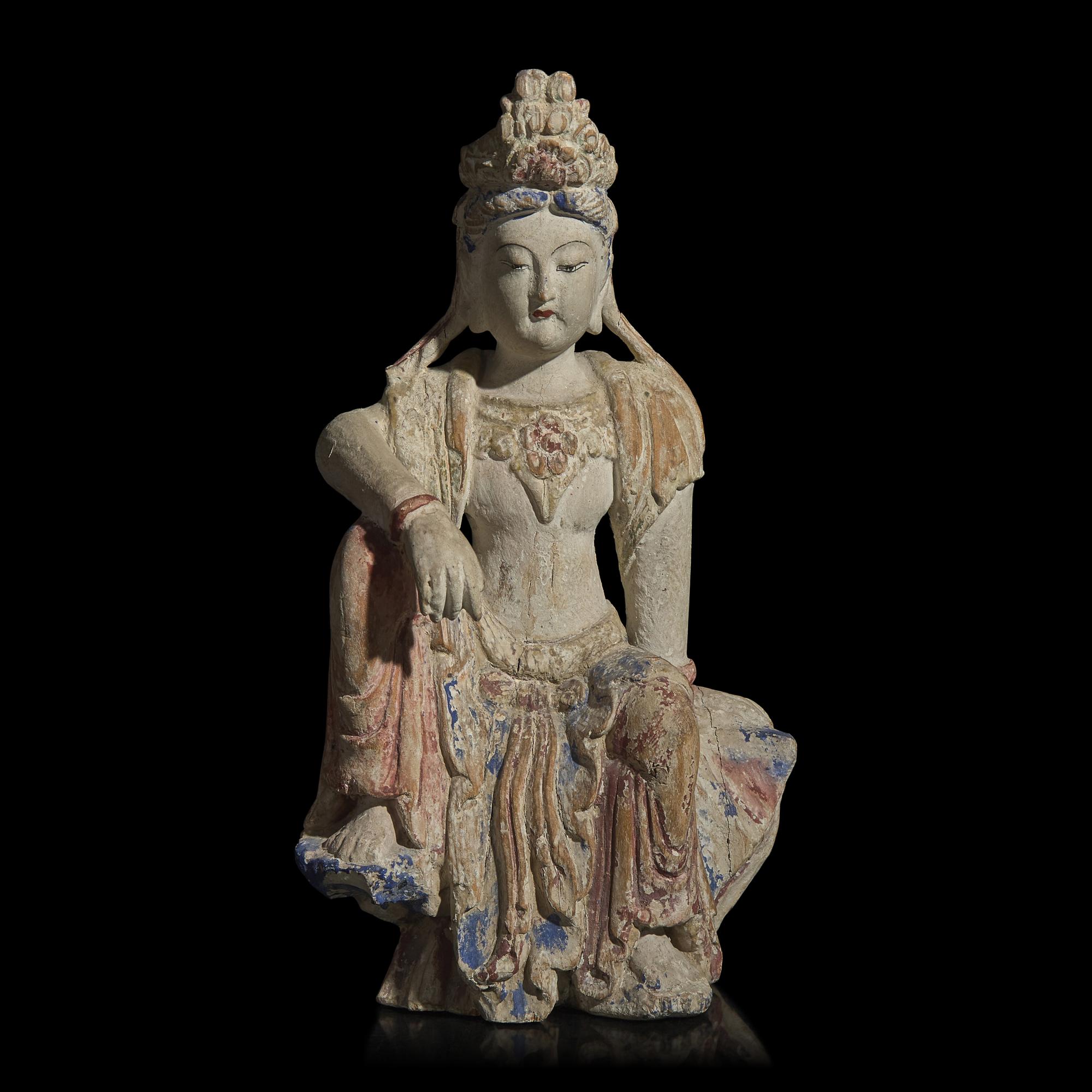 A Chinese Polychrome Painted Wood Figure of Guanyin 彩繪木雕觀音坐像