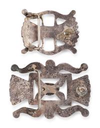 Pair of Navajo Sandcast Silver and Turquoise Belt Buckles