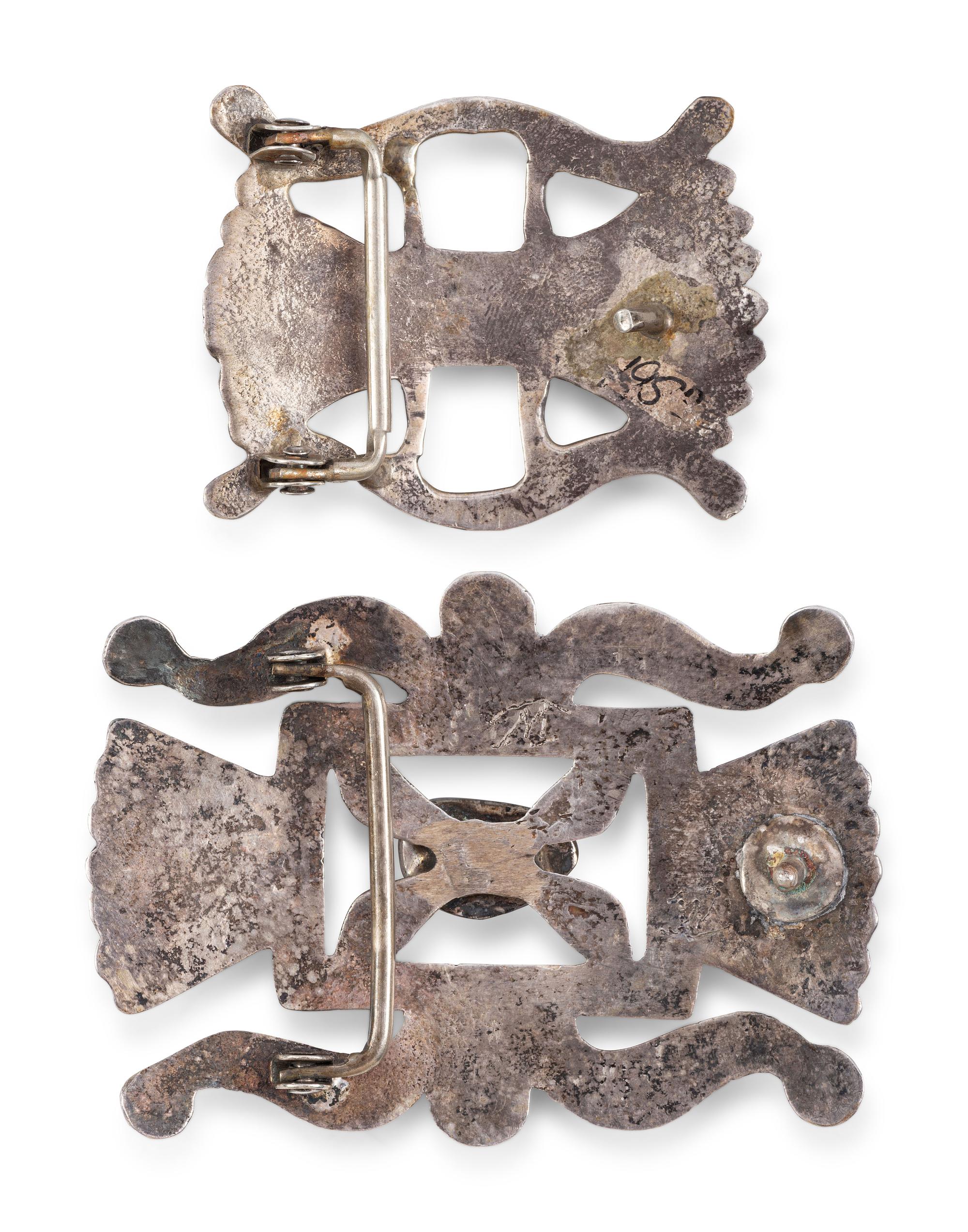 Pair of Navajo Sandcast Silver and Turquoise Belt Buckles