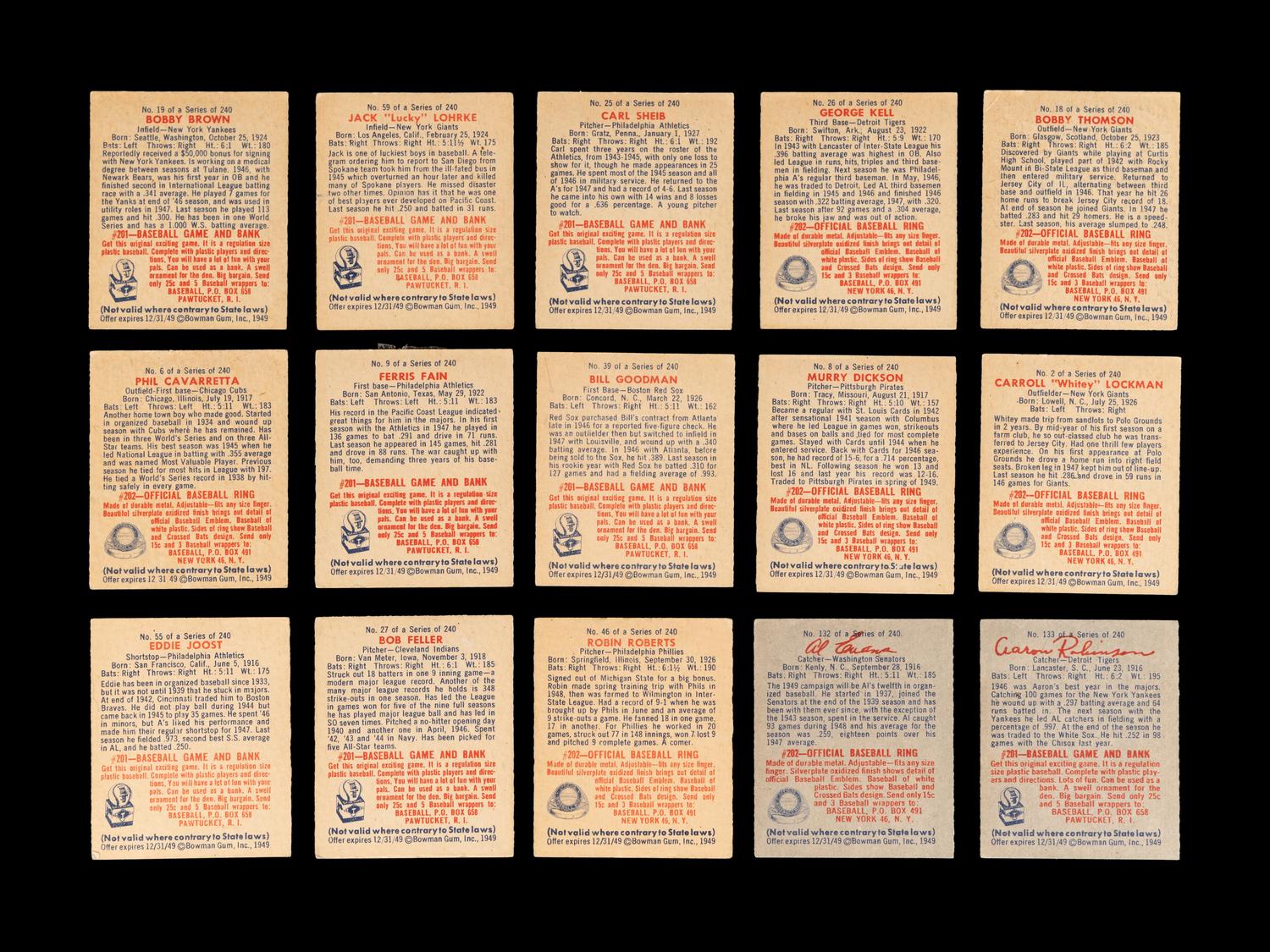A Group of 15 1949 Bowman Baseball Cards (Including Robin Roberts Rookie),
