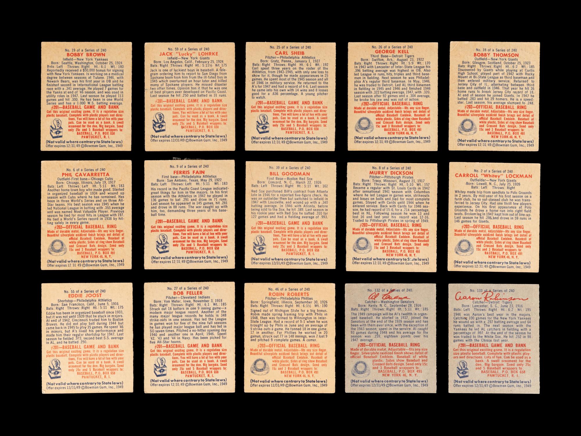 A Group of 15 1949 Bowman Baseball Cards (Including Robin Roberts Rookie),