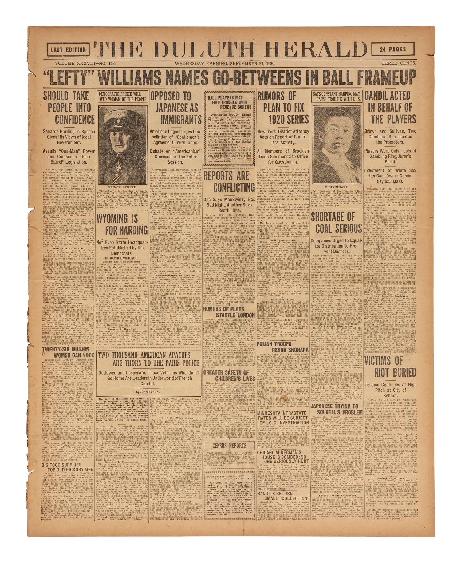 [BASEBALL]. Chicago Black Sox scandal reported in the Duluth Herald . Duluth, MN: 29 September 1920.