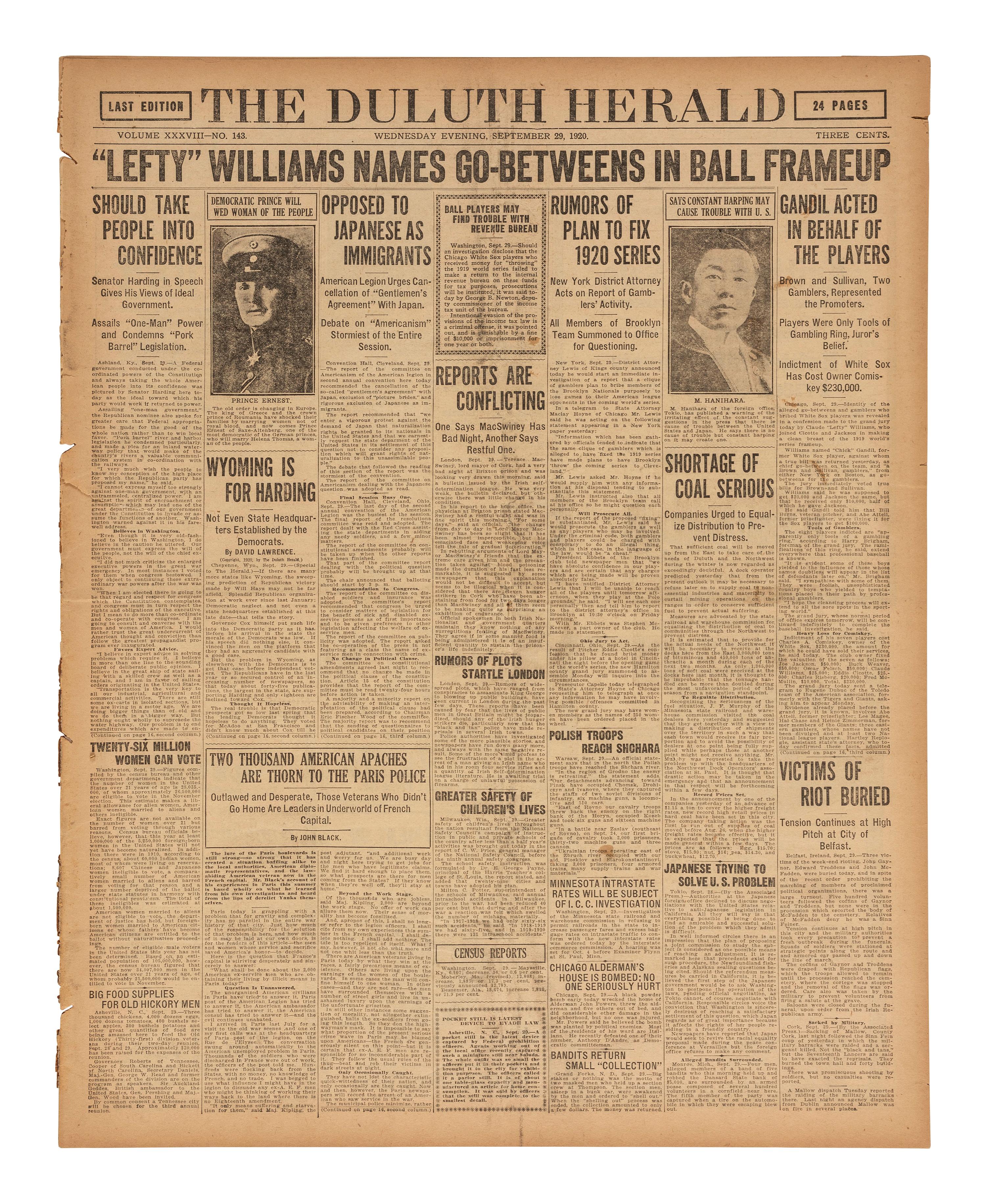 [BASEBALL]. Chicago Black Sox scandal reported in the Duluth Herald . Duluth, MN: 29 September 1920.