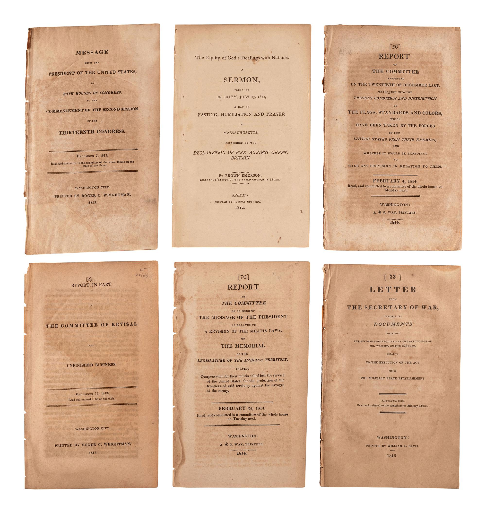 [WAR OF 1812]. A group of 6 pamphlets regarding the War of 1812. [ With :] The Weekly Register. Baltimore, 18 July-7 November 1812. 5 issues with early coverage of the War incl. Fort Dearborn Massacre.