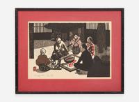 Kiyoshi Saito (Japanese, 1907-1997), Figures Seated around a Hearth 斎藤清（1907-1997）爐邊人