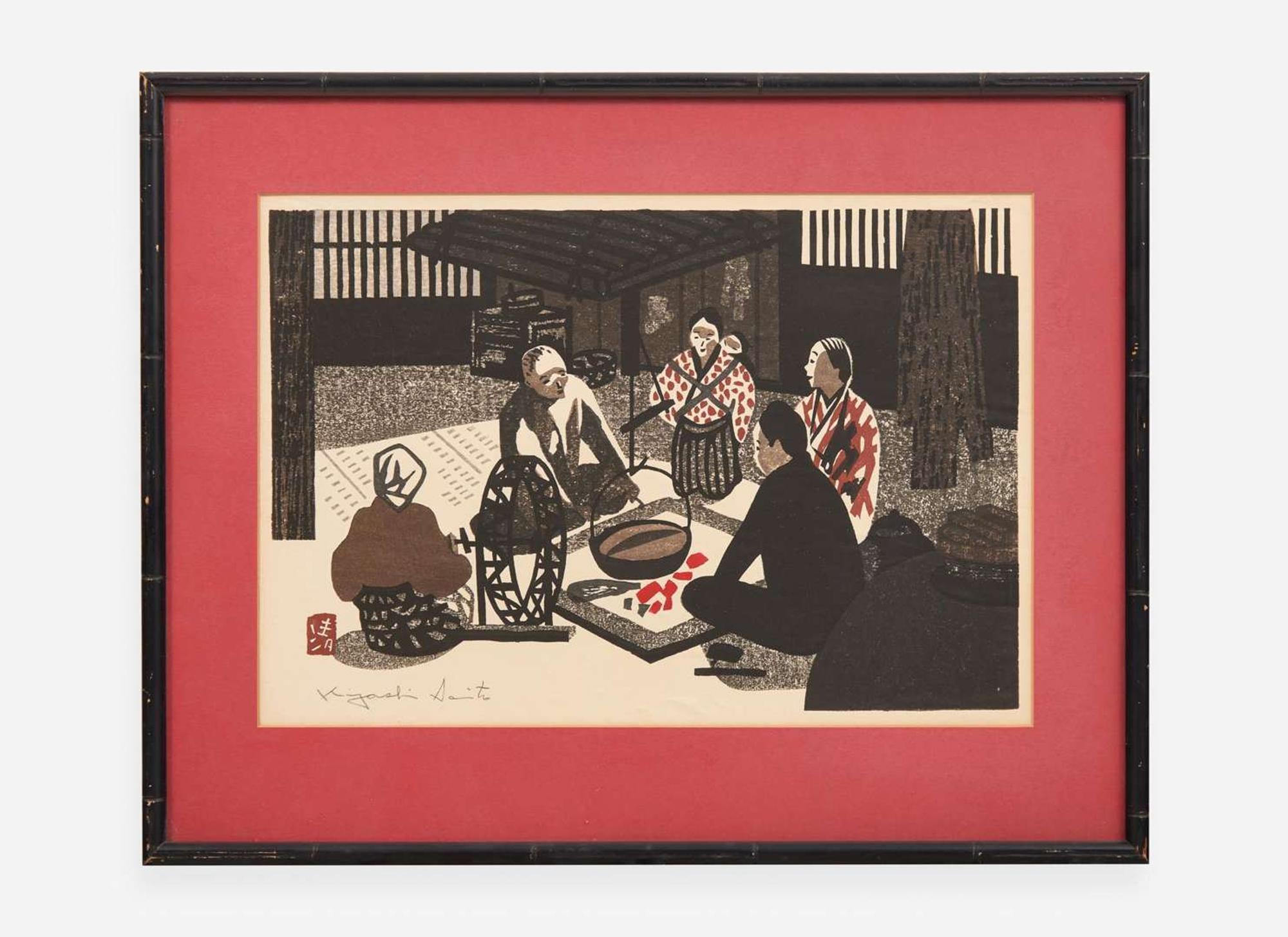 Kiyoshi Saito (Japanese, 1907-1997), Figures Seated around a Hearth 斎藤清（1907-1997）爐邊人