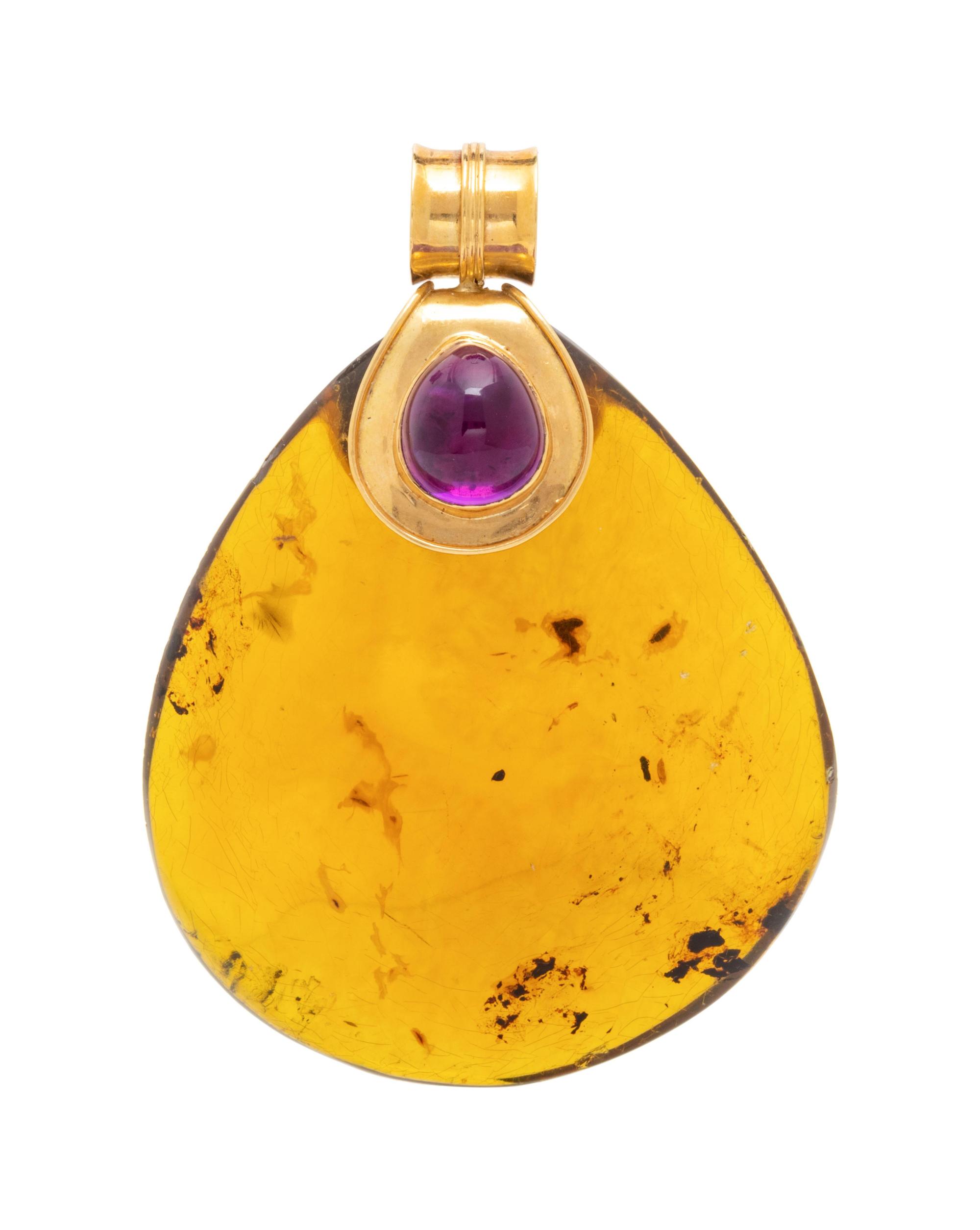 An 18 Karat Yellow Gold, Amethyst and Amber Pendant,