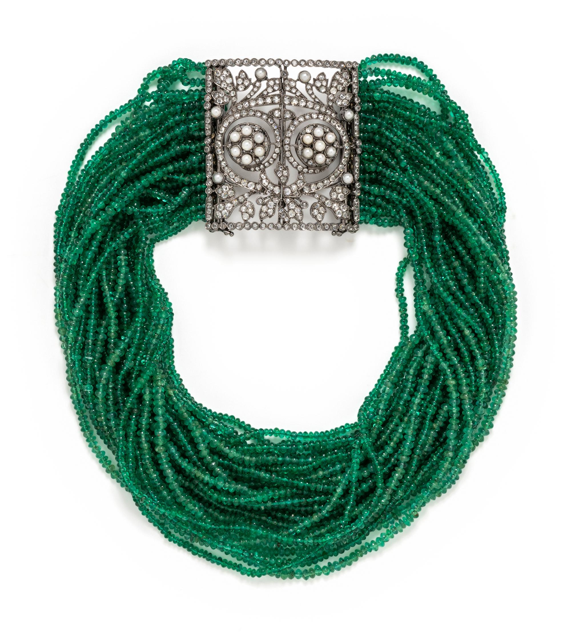 HOUSE OF TAYLOR, EMERALD, DIAMOND AND CULTURED PEARL MULTISTRAND CHOKER NECKLACE