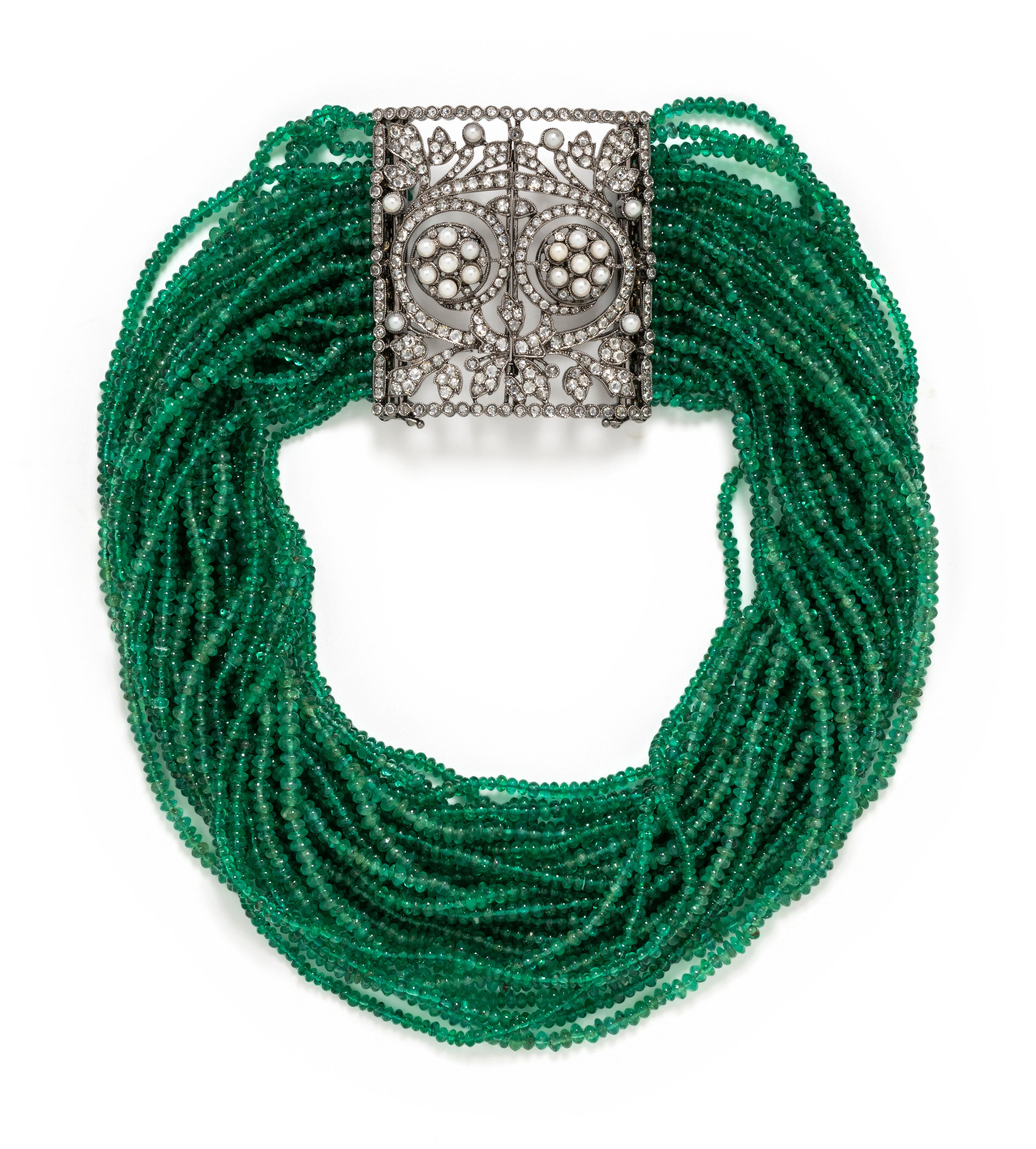 HOUSE OF TAYLOR, EMERALD, DIAMOND AND CULTURED PEARL MULTISTRAND CHOKER NECKLACE