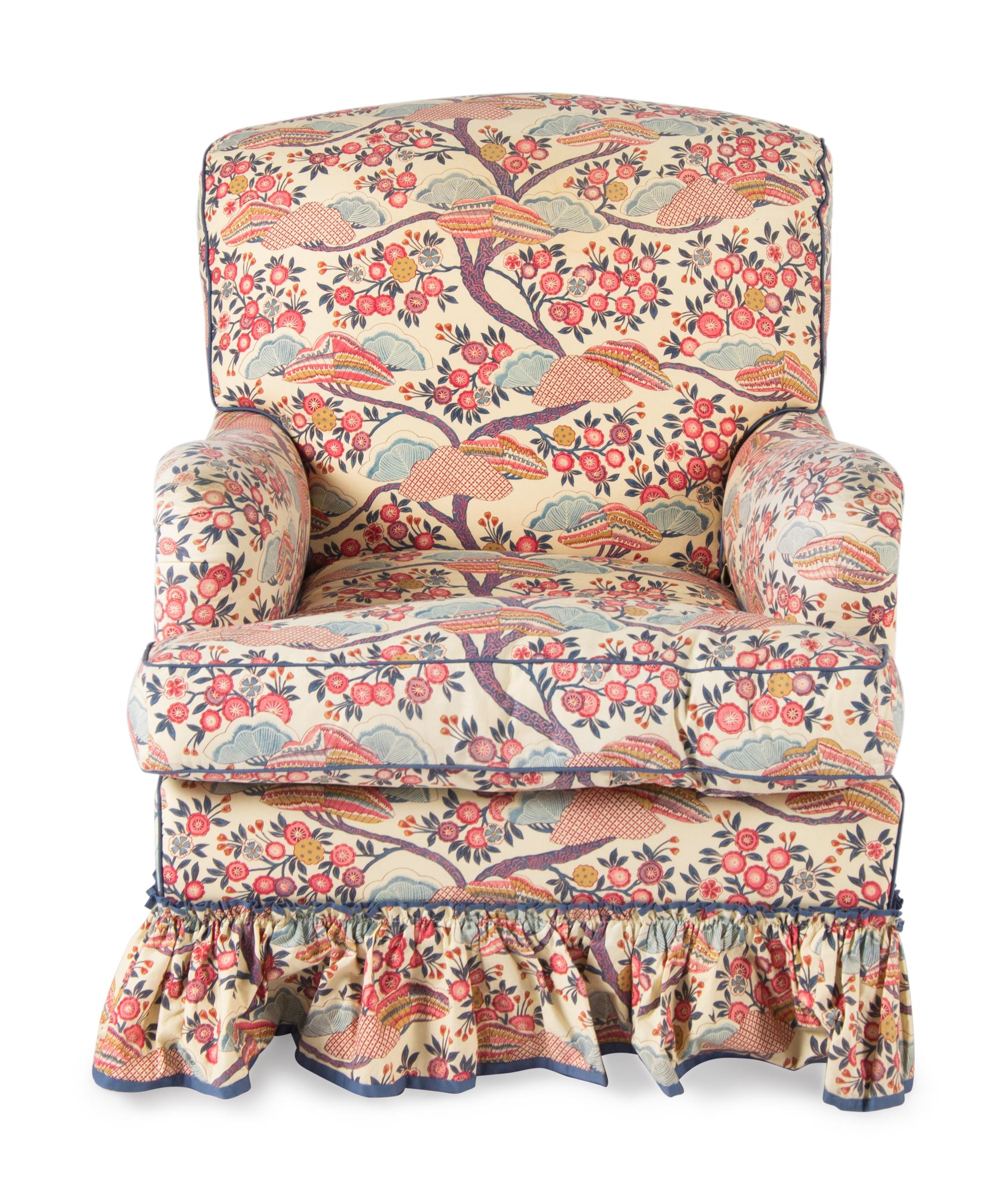 Two Contemporary Chintz-Upholstered Chairs with Ottoman