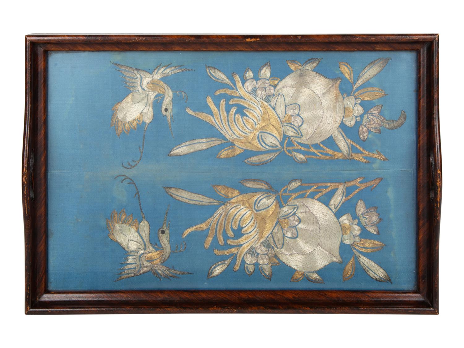 A Chinese Tea Tray Inset with Gold and Silver Silk Embroidery — 20TH CENTURY