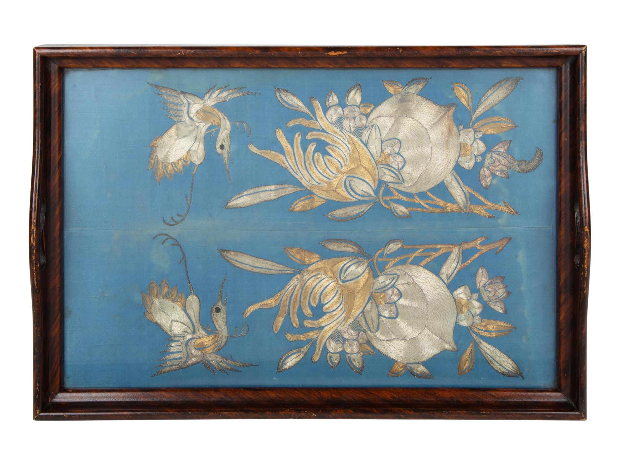 A Chinese Tea Tray Inset with Gold and Silver Silk Embroidery — 20TH CENTURY