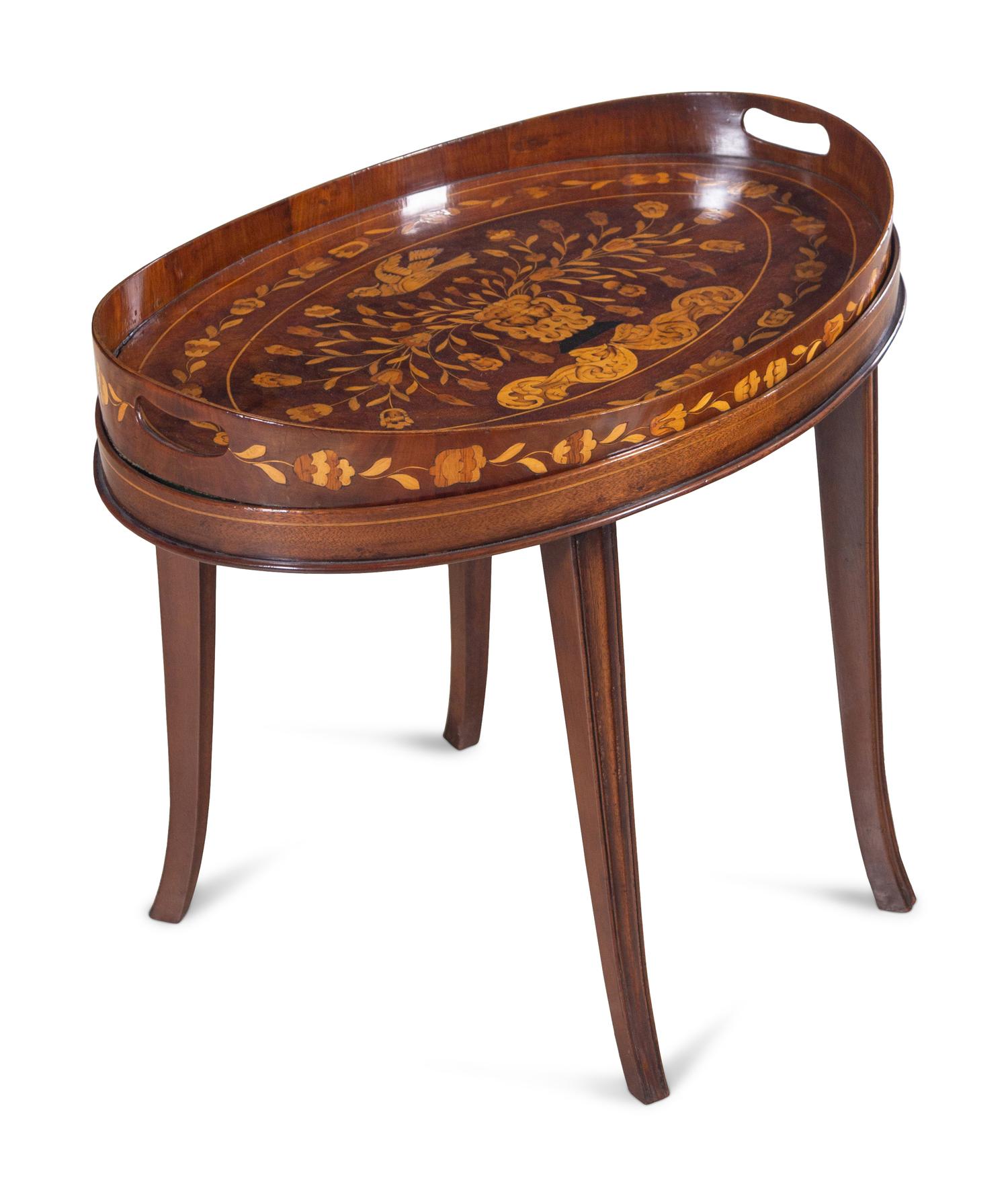 A Dutch Marquetry Tray on a Later Stand
