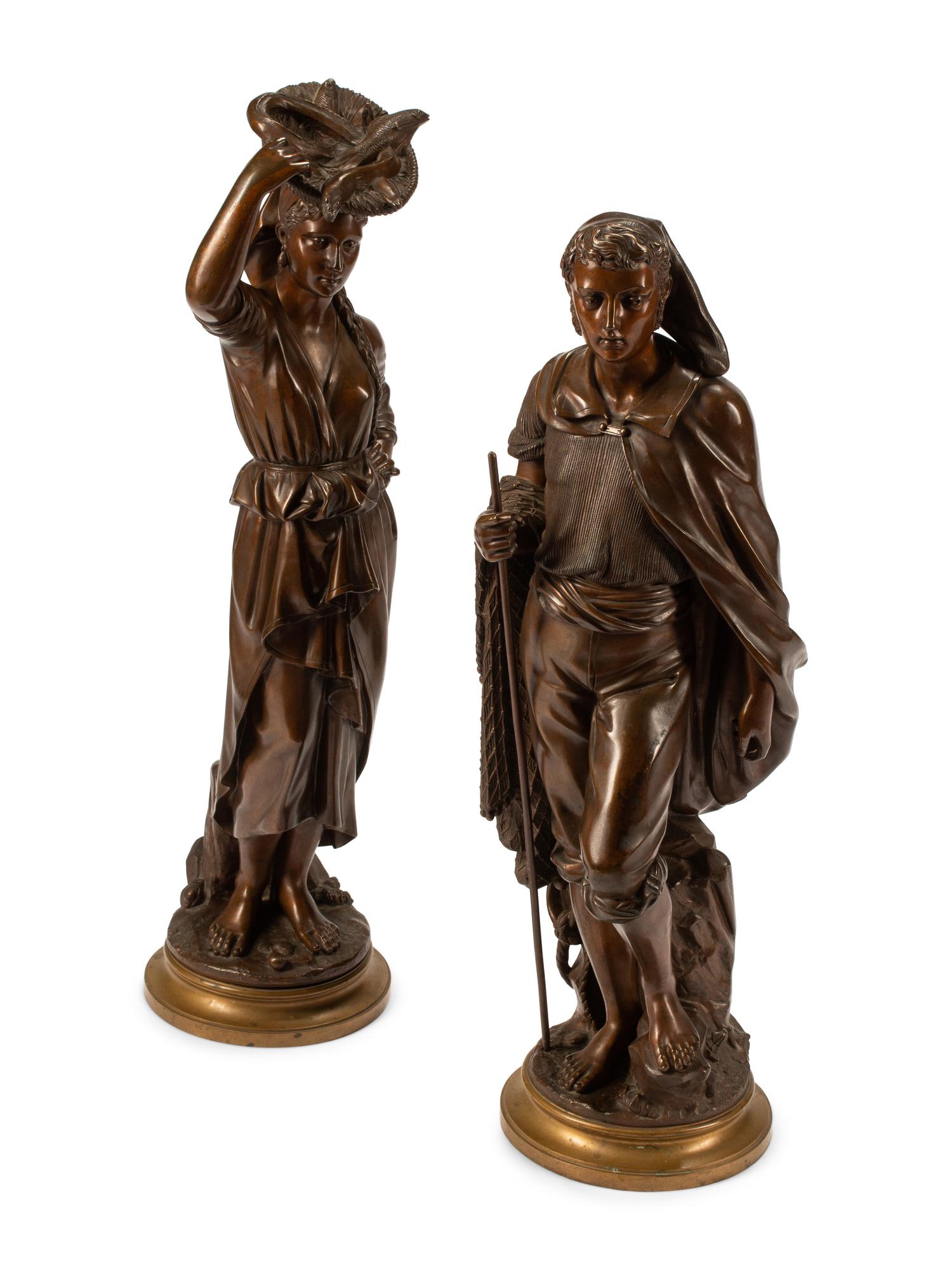 A Pair of French Bronze Figures with Gilt Bronze Bases