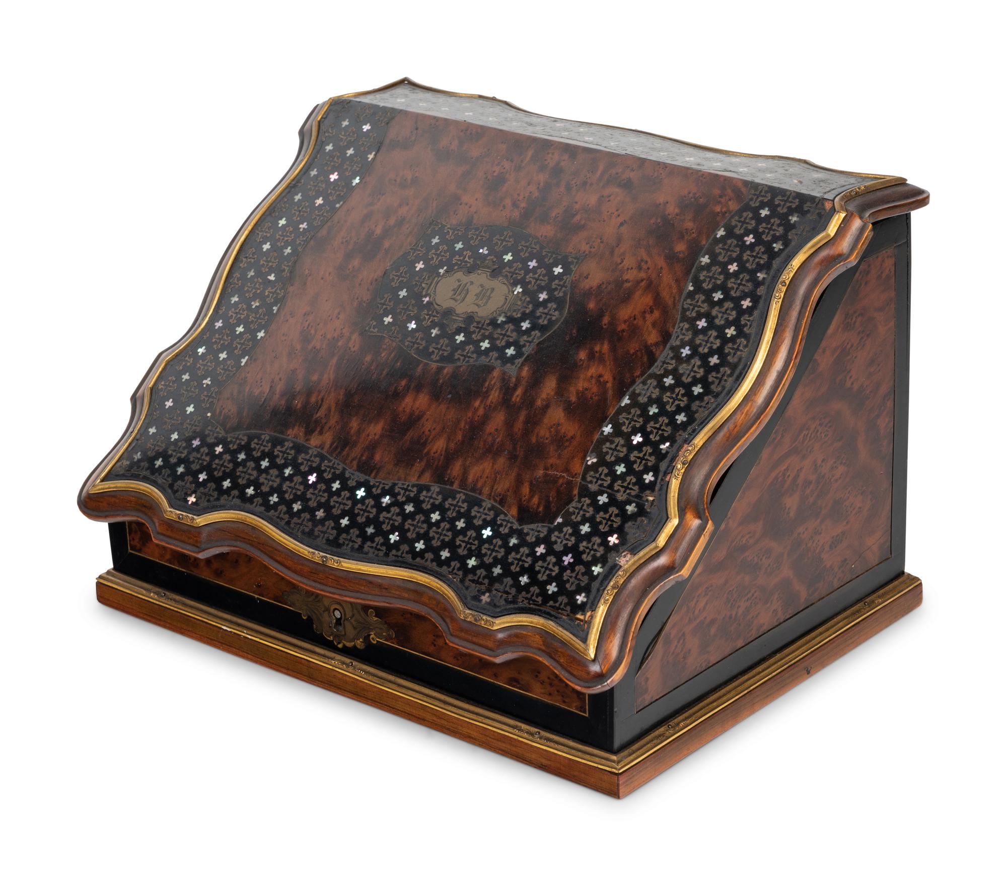 A French Mother-of-Pearl and Brass Inlaid Amboyna Letter Box
