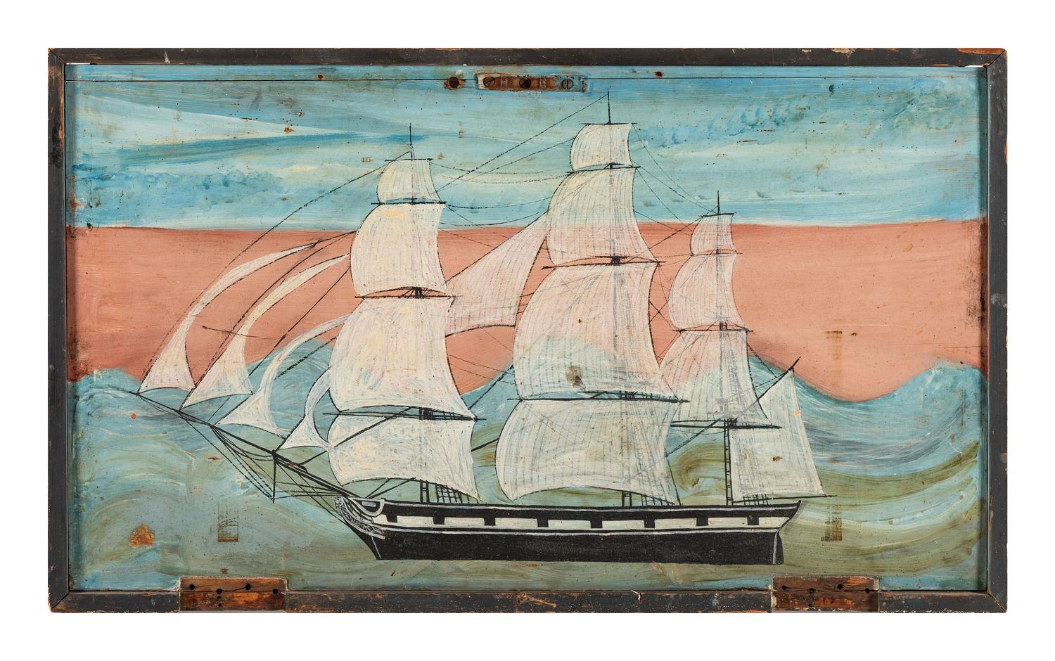 A Painted Pine Blanket Chest Lid with Ship