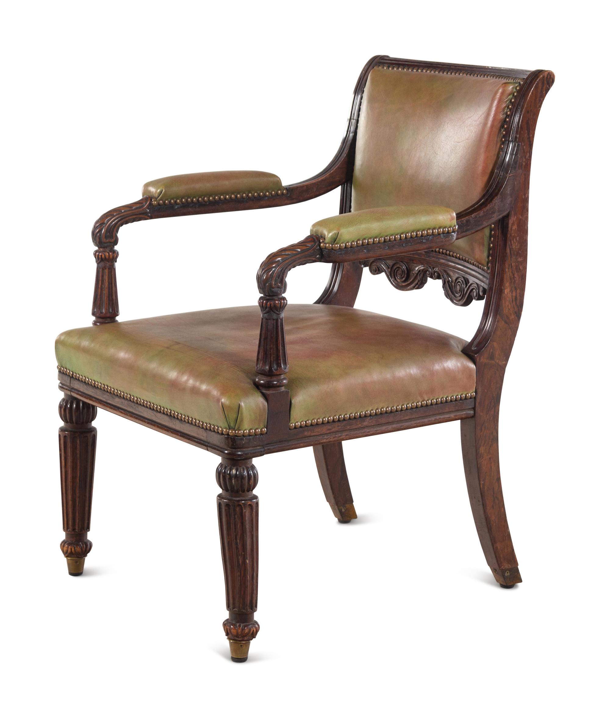 A Regency Simulated Rosewood Leather-Upholstered Library Chair in the Manner of Henry Holland