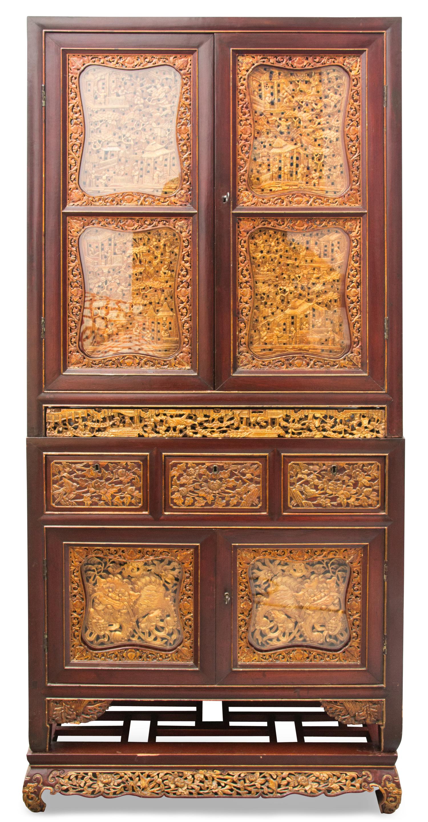 A Chinese Export Gilt Lacquered Rosewood Cabinet Height 73 1/2 x width 32 1/2 x depth 16 inches. — EARLY 20TH CENTURY