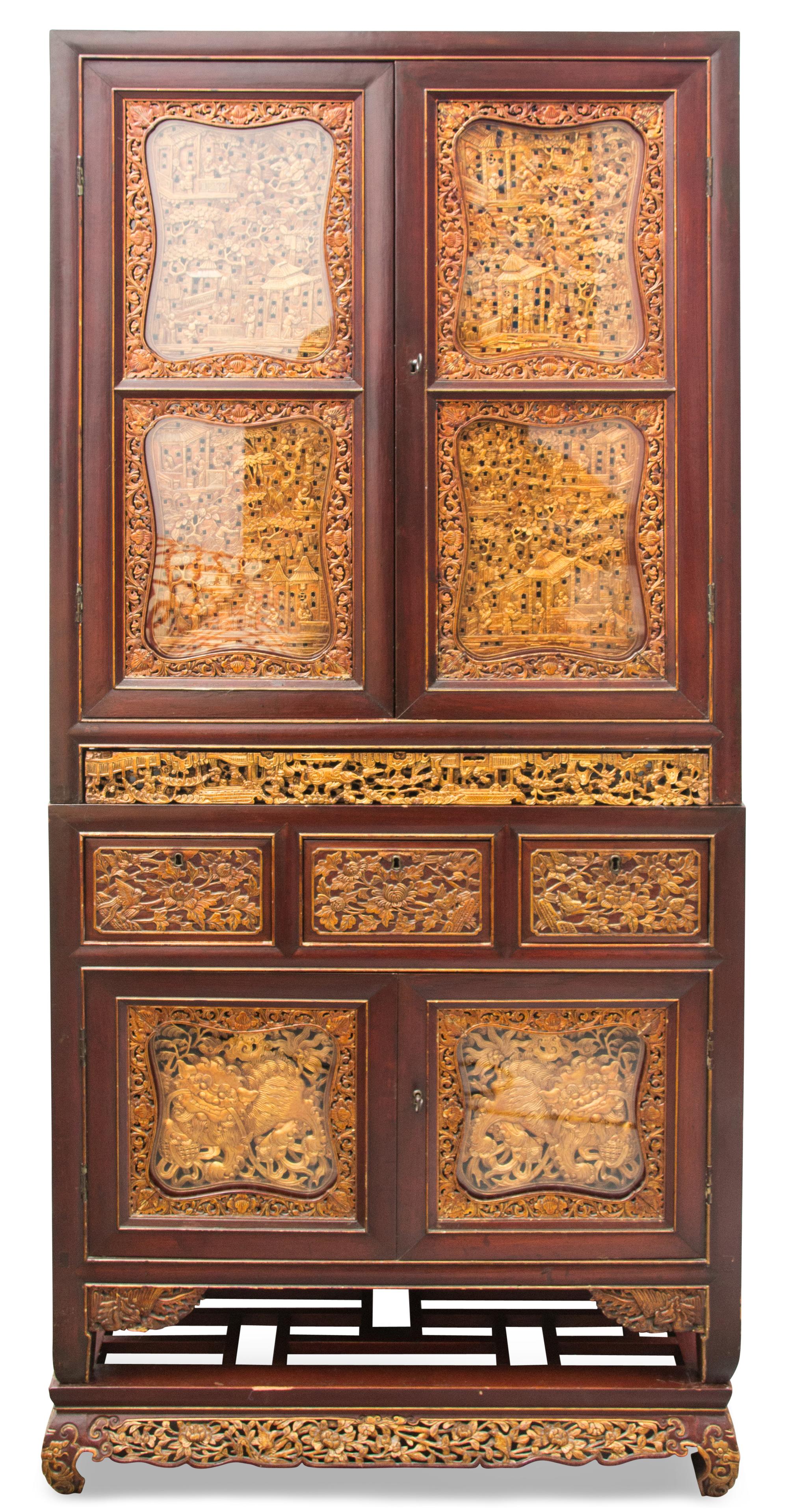 A Chinese Export Gilt Lacquered Rosewood Cabinet Height 73 1/2 x width 32 1/2 x depth 16 inches. — EARLY 20TH CENTURY
