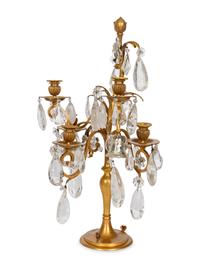 An Italian Gilt Metal and Rock Crystal Three-Light Candelabra