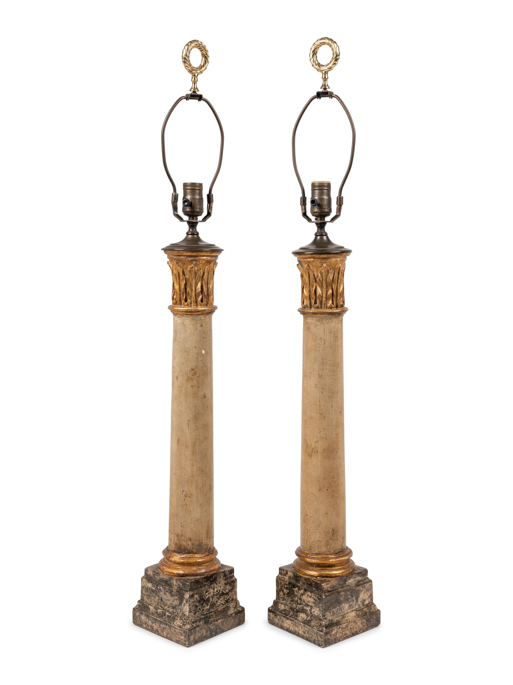 A Pair of Painted and Parcel Gilt Columnar Lamps