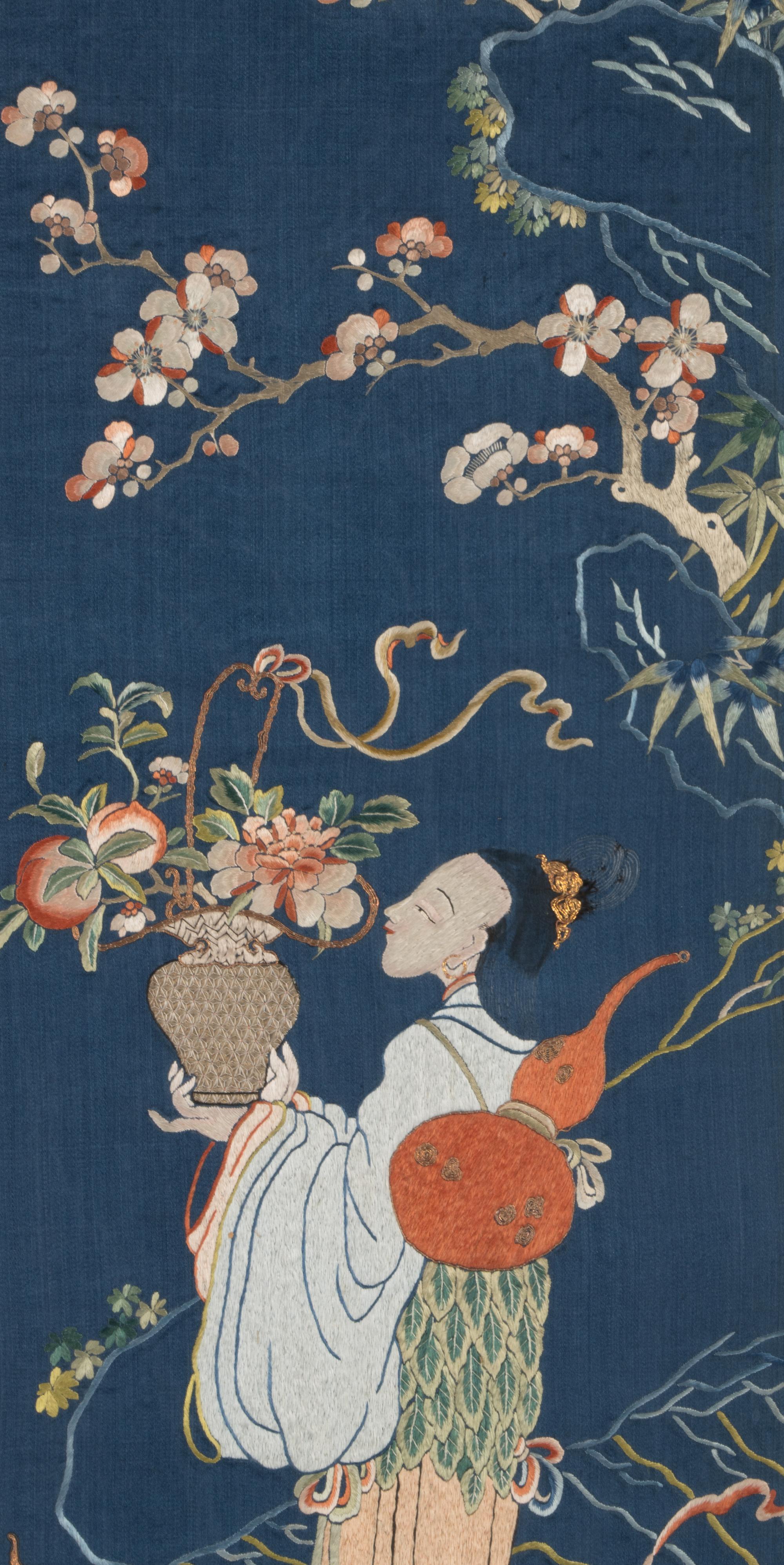 Two Chinese Embroidered Silk Panels, 19th Century 清晚期 藍地麻姑獻壽及雙龍戲珠綉片兩幅