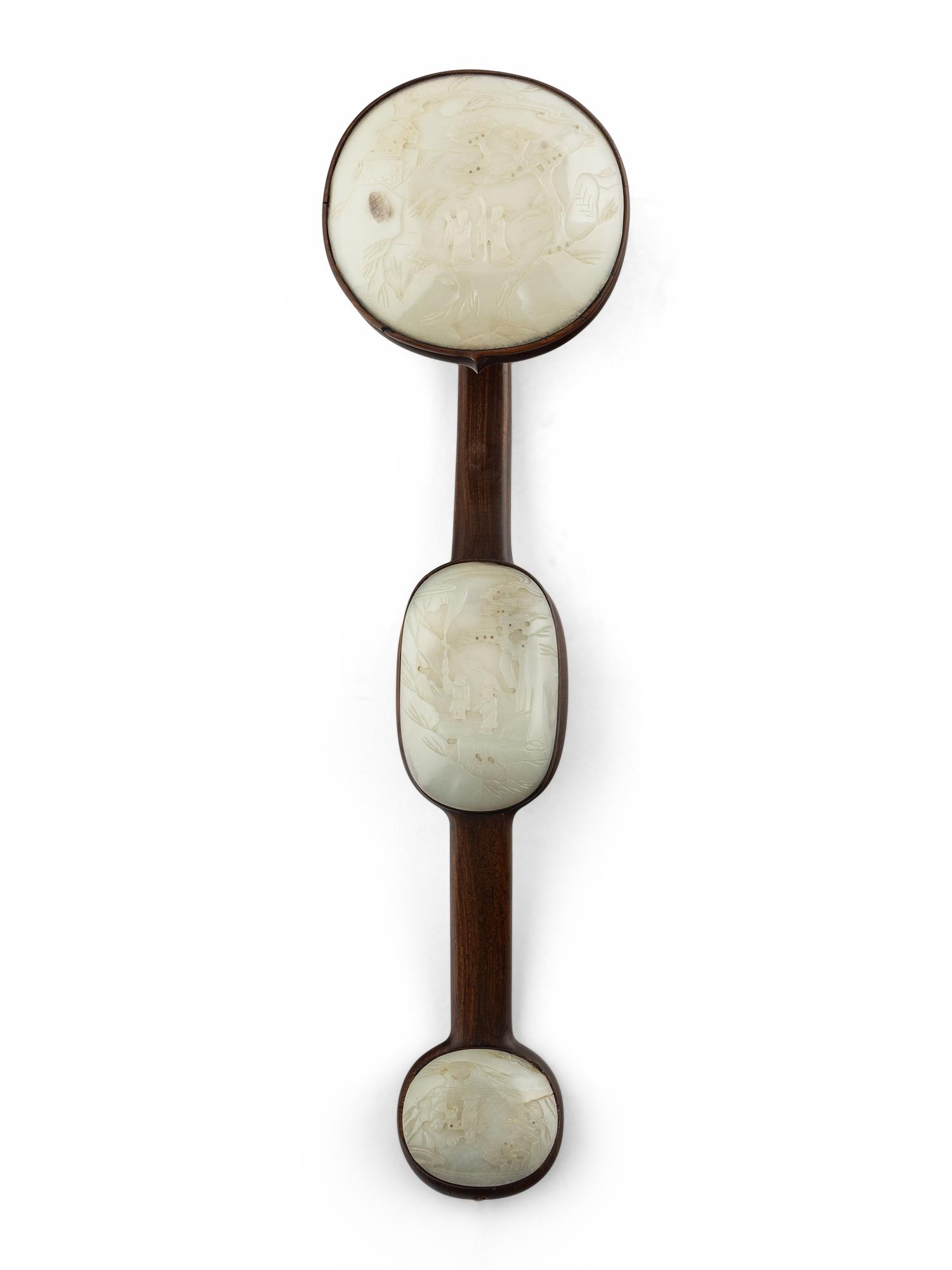 A Chinese White Jade Inset Wood Ruyi Scepter