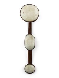 A Chinese White Jade Inset Wood Ruyi Scepter
