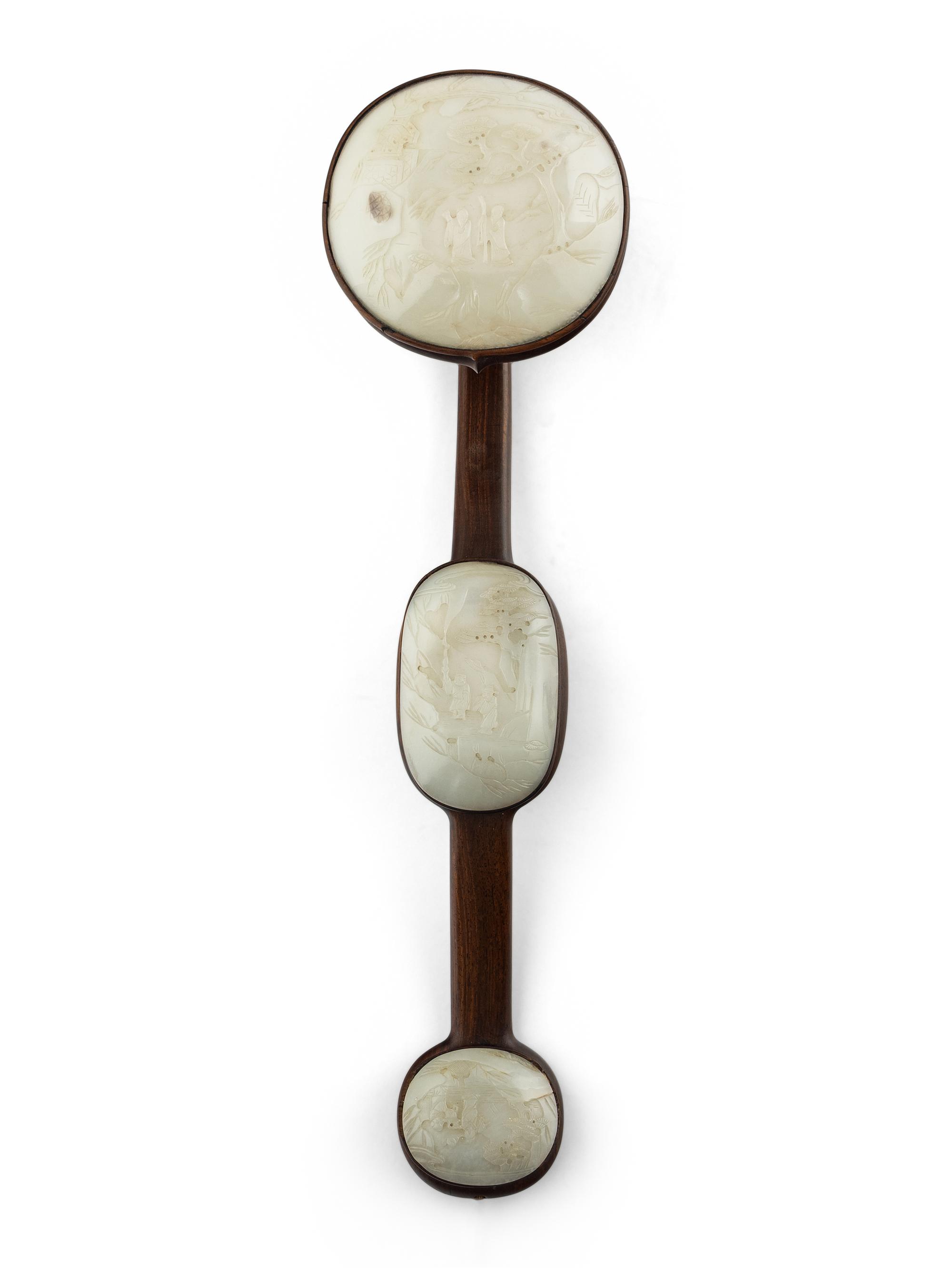 A Chinese White Jade Inset Wood Ruyi Scepter