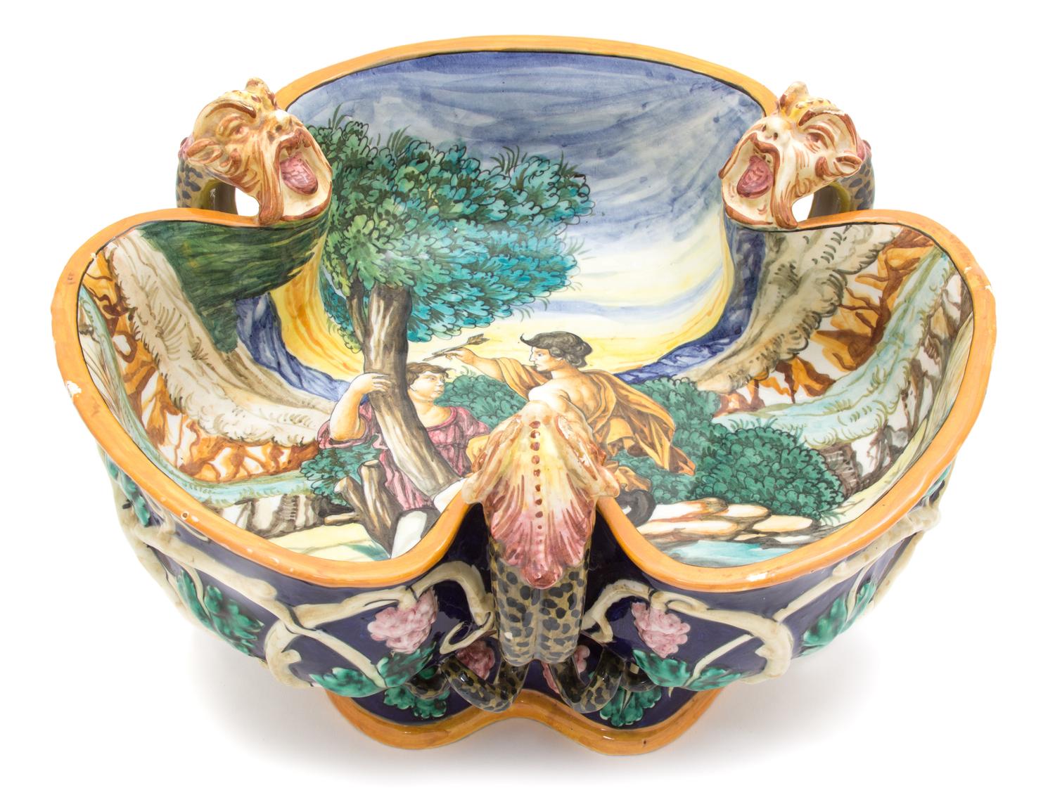 An Italian Majolica Three-Lobed Center Bowl Height 9 x diameter 15 inches. — 20TH CENTURY