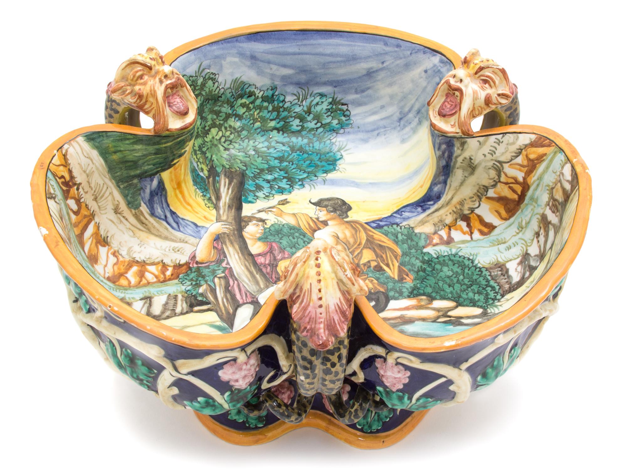 An Italian Majolica Three-Lobed Center Bowl Height 9 x diameter 15 inches. — 20TH CENTURY