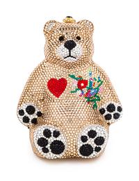 A Kathrine Baumann Gold Crystal Bear Minaudiere, 6" H x 5" W x 3" D.