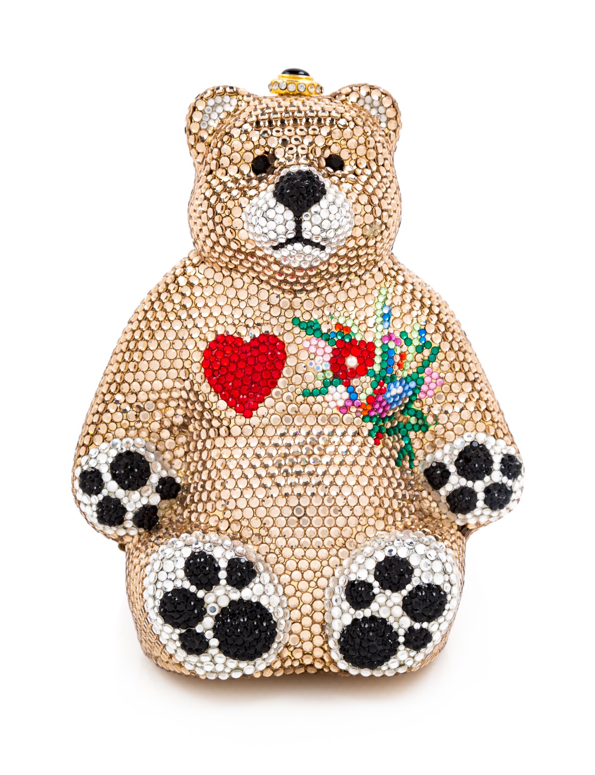 A Kathrine Baumann Gold Crystal Bear Minaudiere, 6" H x 5" W x 3" D.