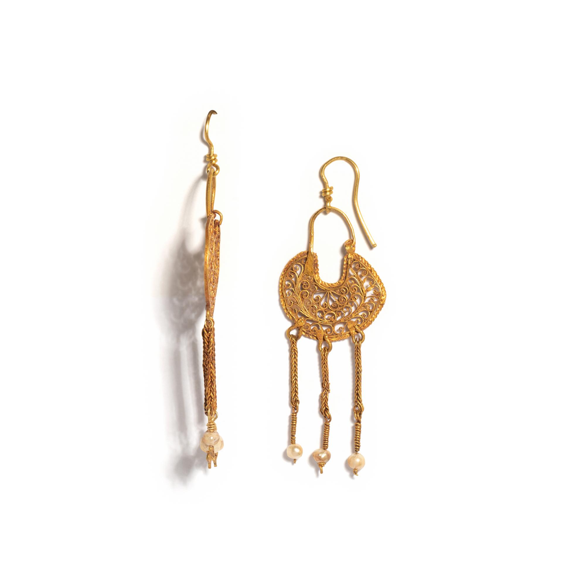 A Pair of Byzantine Gold and Pearl Openwork Earrings