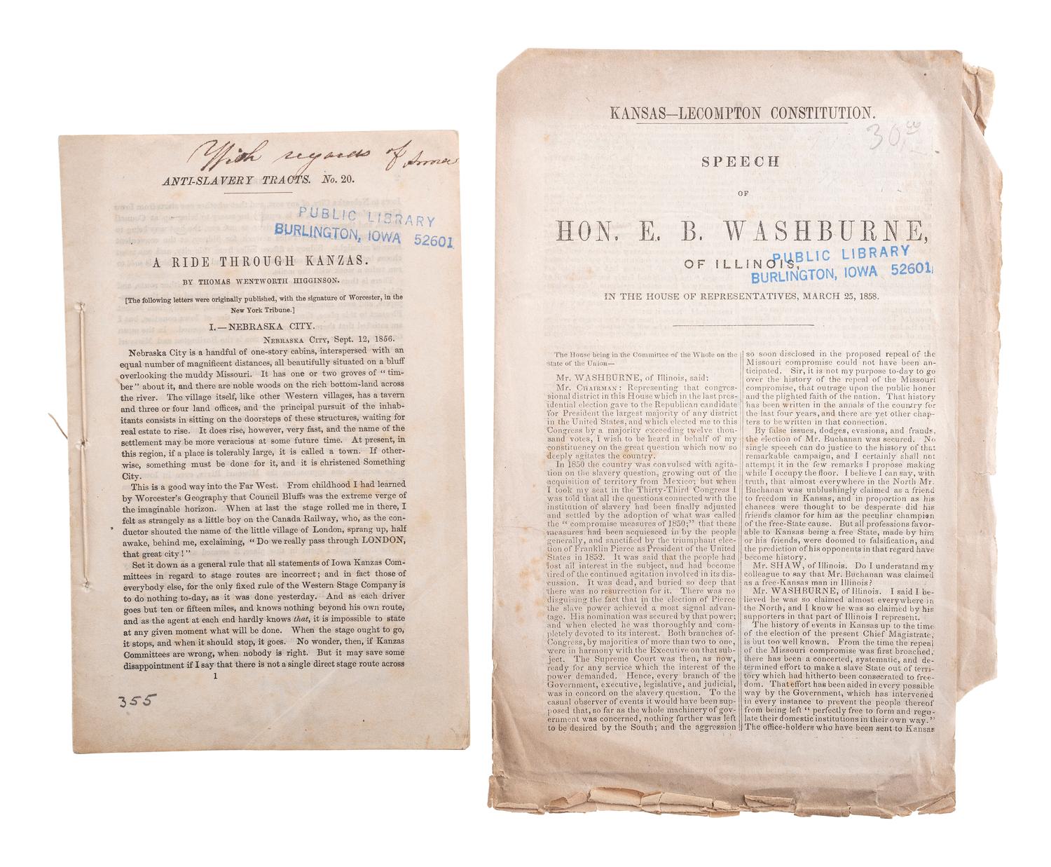 [SLAVERY & ABOLITION]. A group of 14 pamphlets related to Bleeding Kansas including slavery, the Lecompton Constitution, and the Stanton-Lane contest, comprising:
