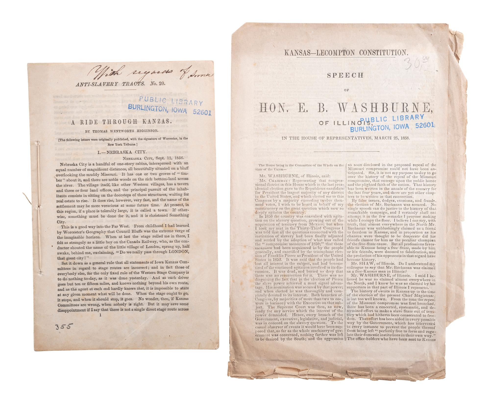[SLAVERY & ABOLITION]. A group of 14 pamphlets related to Bleeding Kansas including slavery, the Lecompton Constitution, and the Stanton-Lane contest, comprising: