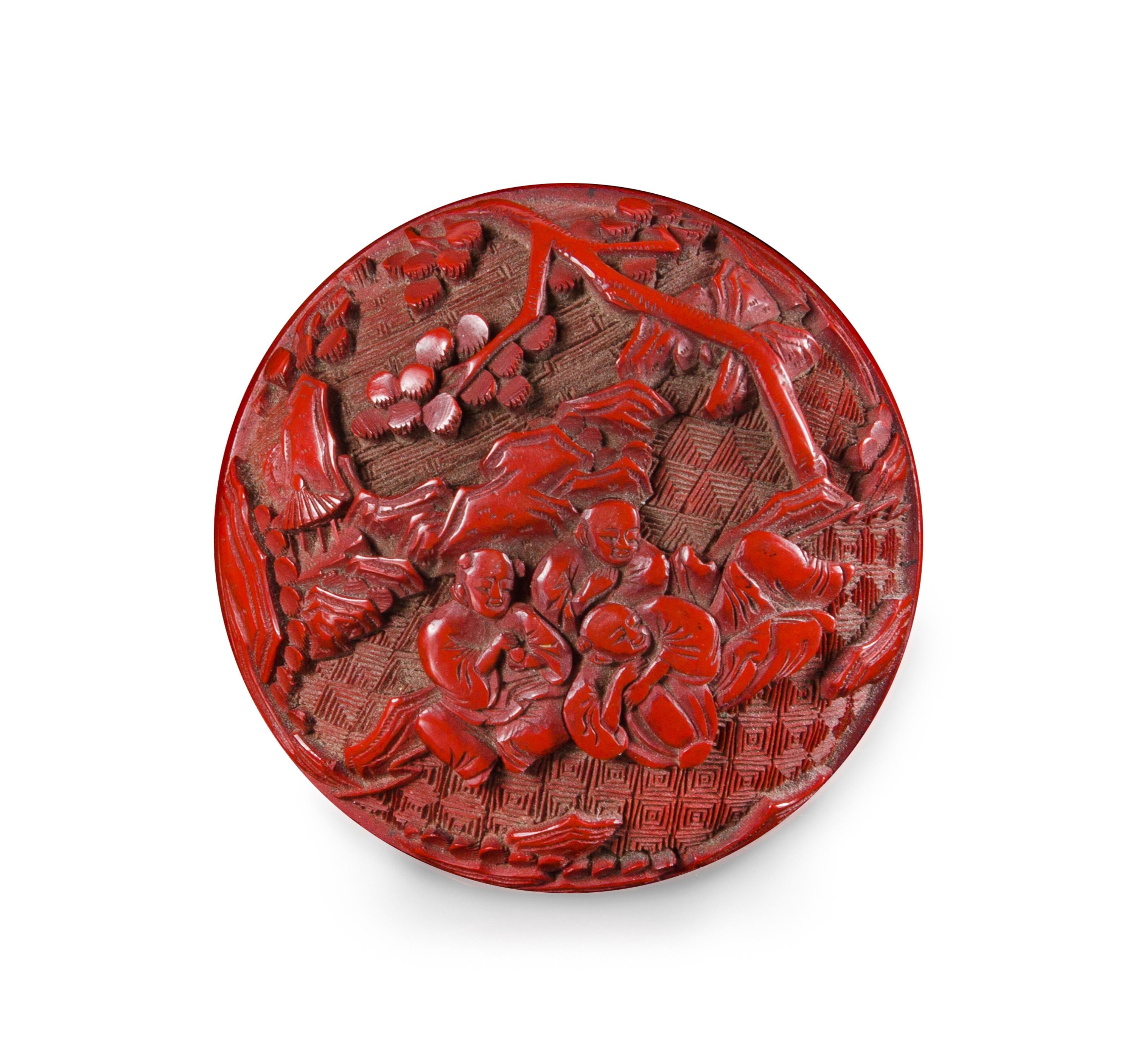 A Small Carved Red Lacquer Circular Covered Box Diameter 2 1/4 inches. — 19TH/EARLY 20TH CENTURY