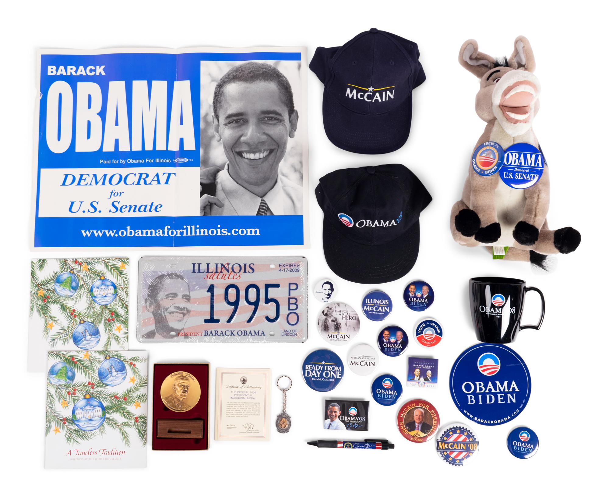 (Politics) A group of approximately 20 items relating to Barack Obama (1961) and the 2008 Presidential Election, comprising:
