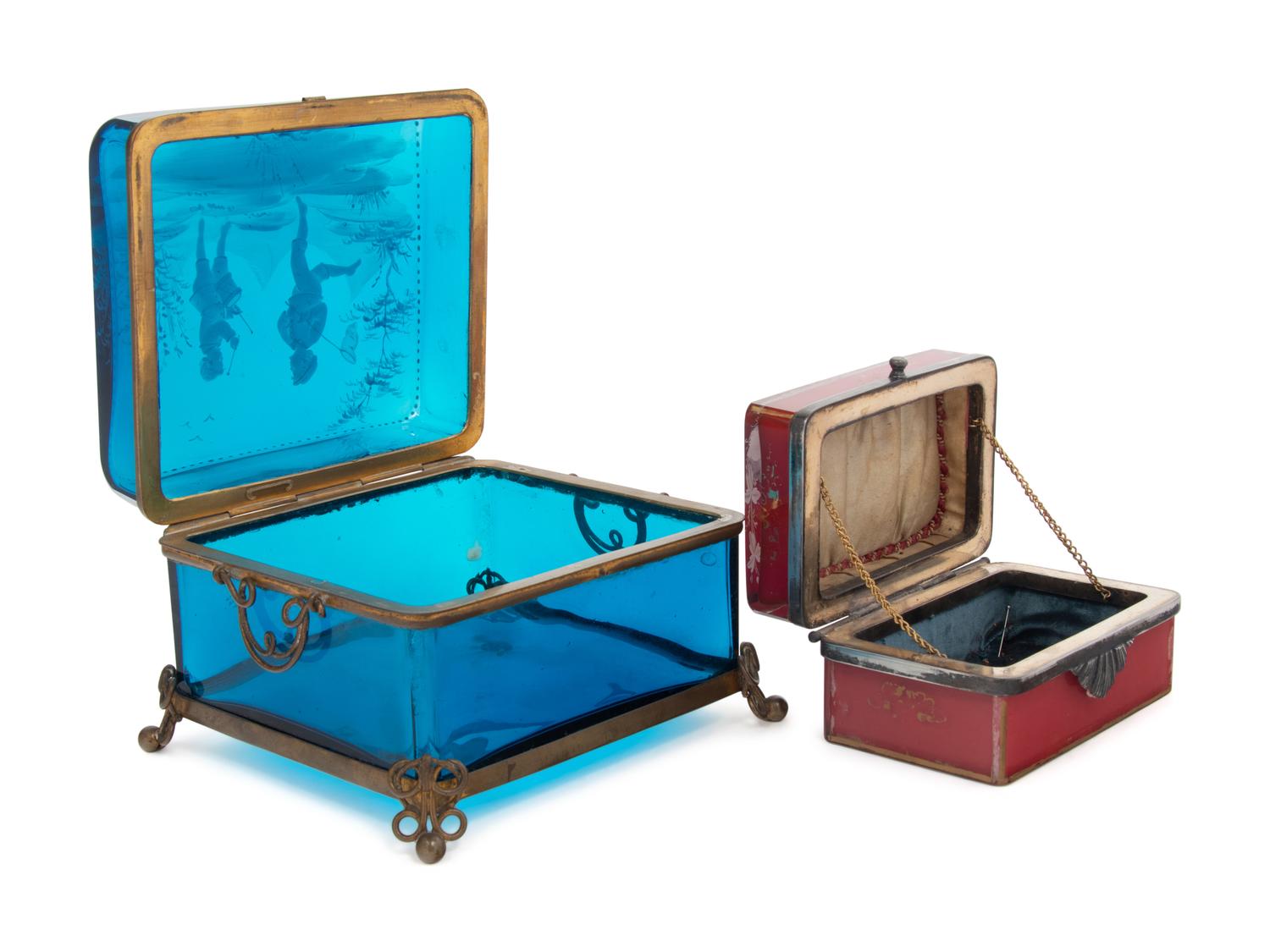 Two French Gilt Metal Mounted Enameled Glass Table Caskets