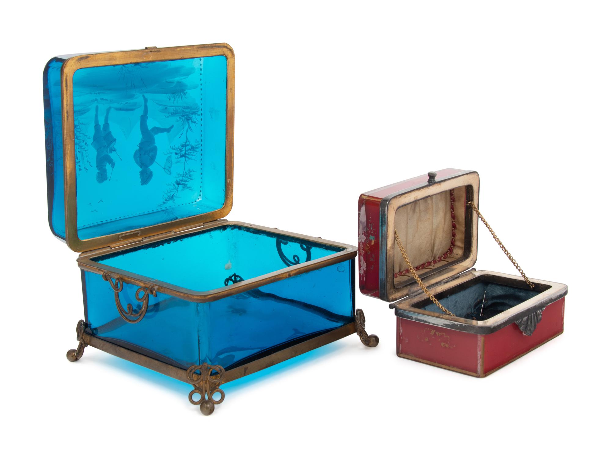 Two French Gilt Metal Mounted Enameled Glass Table Caskets