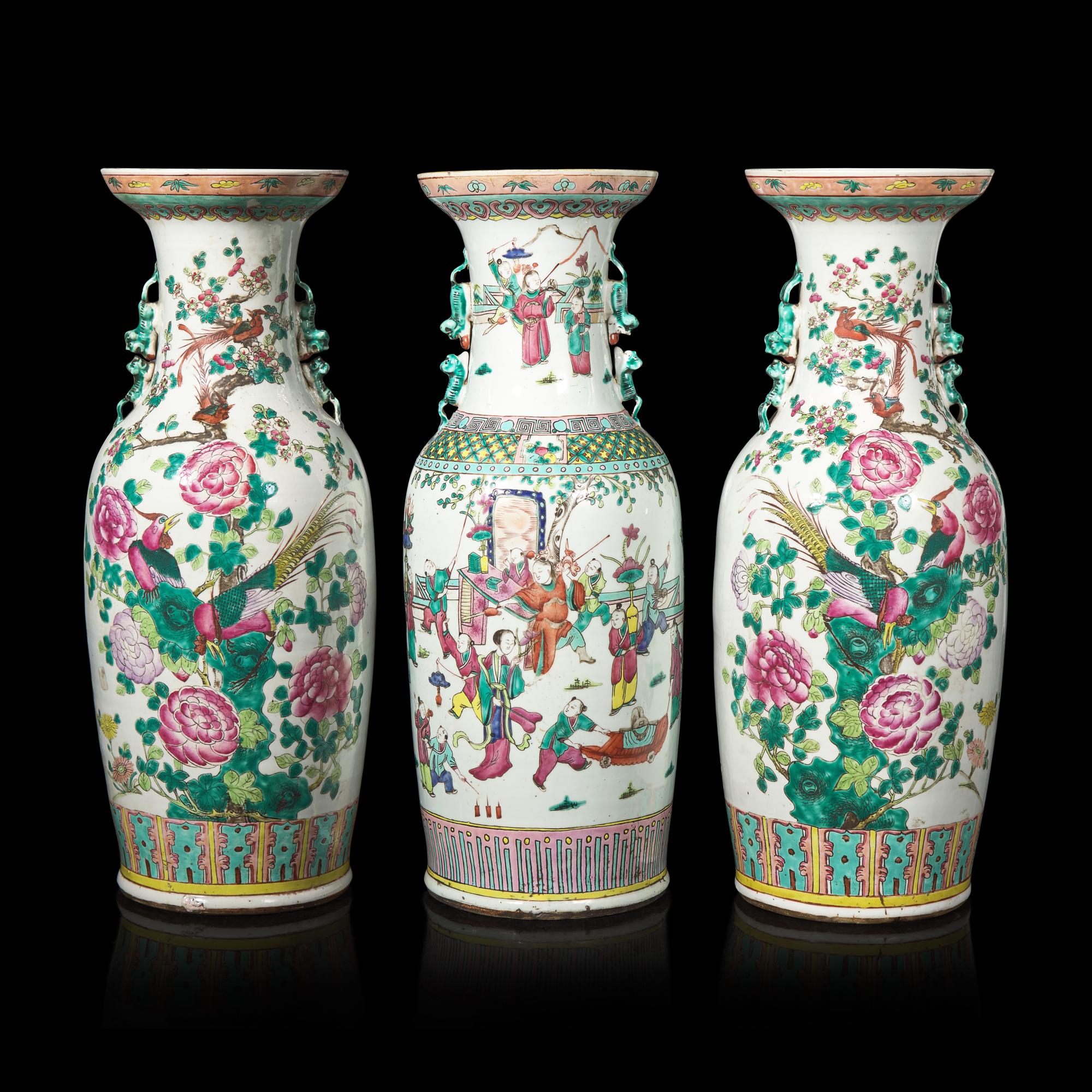 Three Chinese Famille Rose Porcelain Vases, Late 19th-20th Century 粉彩賞瓶三件