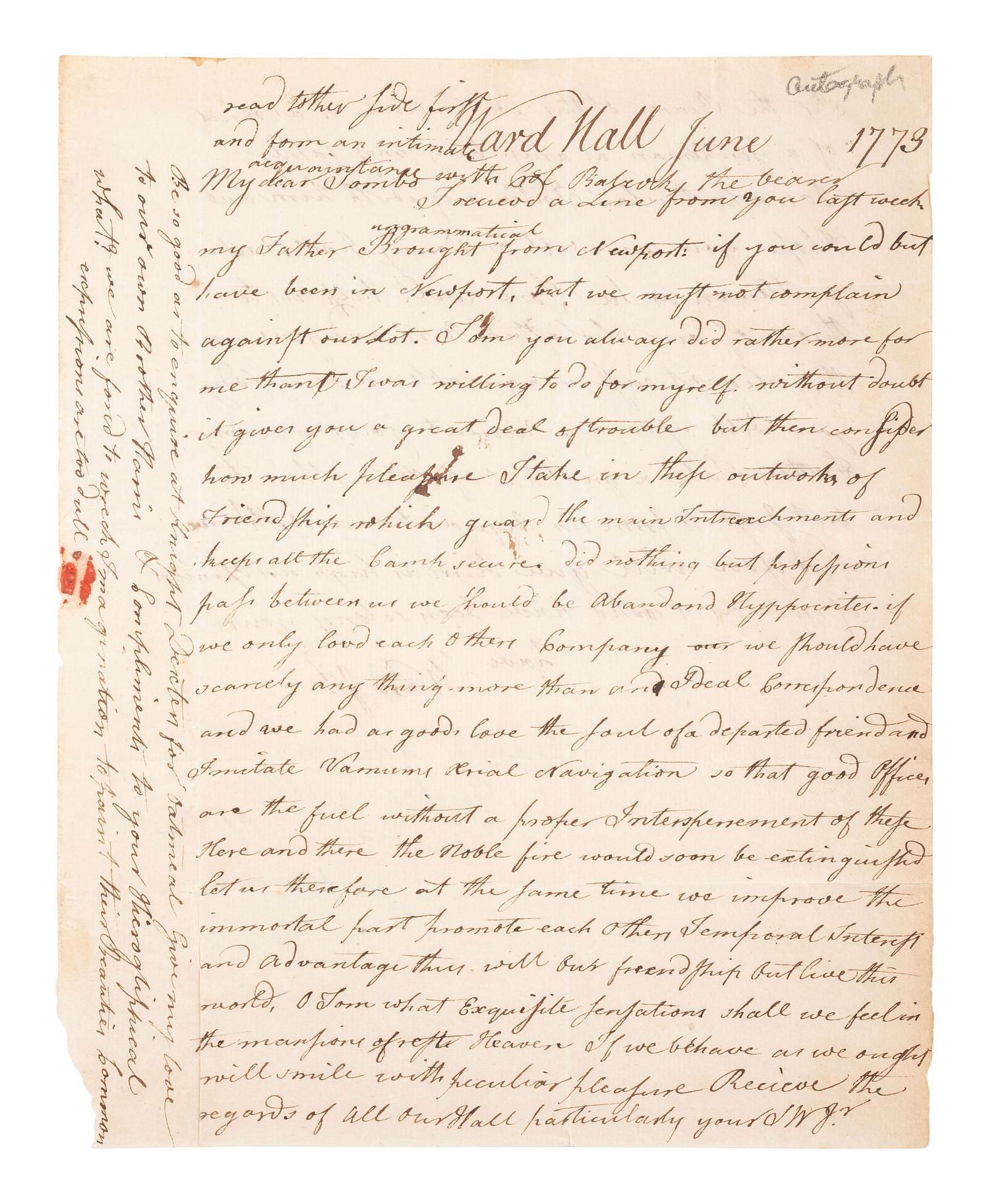 [REVOLUTIONARY WAR]. WARD, Samuel Jr. (1756-1832). ALS ("SW Jr."). "Ward Hall" [RI], June 1773.
